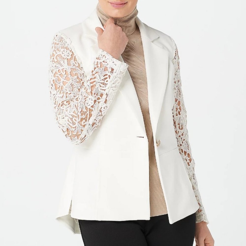 Dennis Basso Luxe Crepe Peplum Blazer with Lace Sleeves  10335